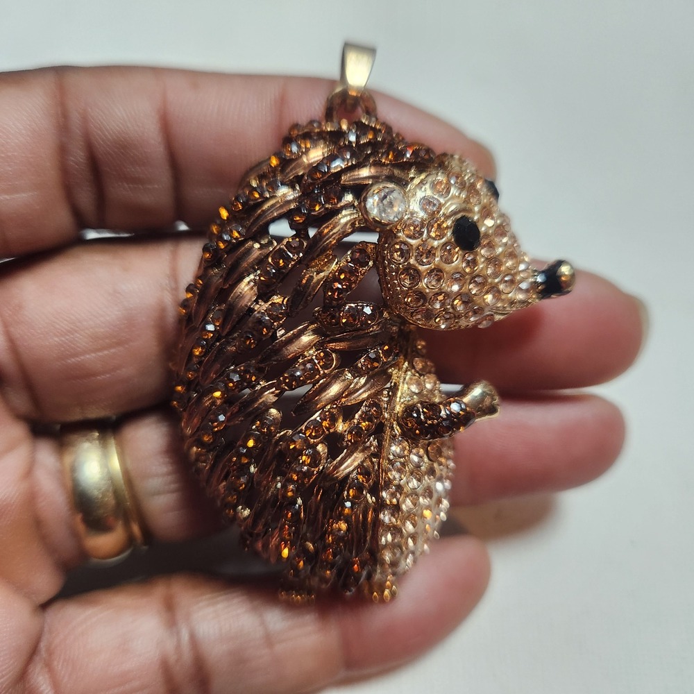 Gold Tone Amber Rhinestone Hedgehog Pendant Large Animal‎ Statement Charm